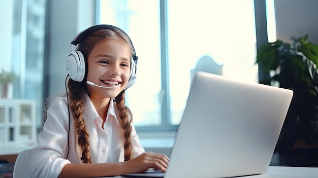 école en ligne petite fille belle sur l'ordinateur portable avec casque et microphone souriant se concentrer sur l' ordinateur portable