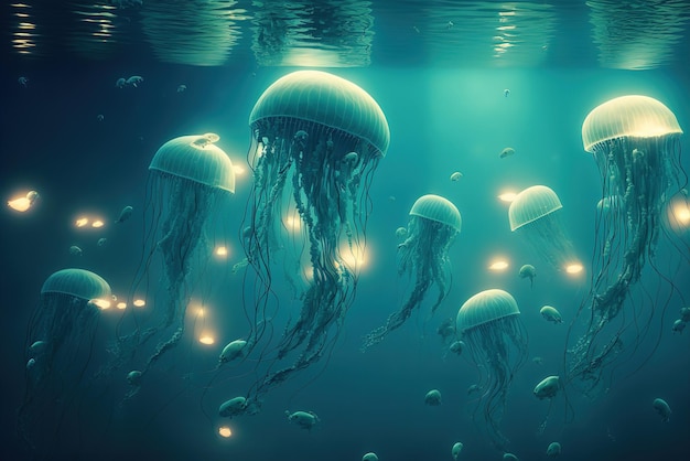 Une école de méduses Pacific Sea Nettle flottant dans l'eau turquoise