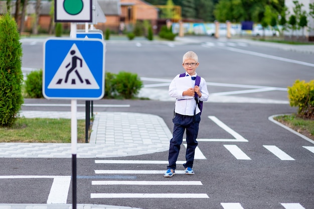 Photo un écolier blond avec des lunettes et un sac à dos va à l'école sur un passage pour piétons