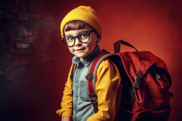 Photo Écolier avec des lunettes avec un sac à dos est prêt à aller à l'école pour l'éducation ia générative