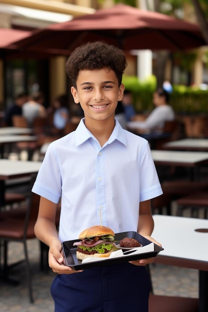 un écolier mignon mangeant à l'extérieur de l'école à partir de boîte à déjeuner en plastique petit déjeuner scolaire sain pour