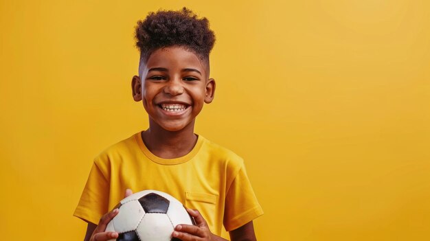 Un écolier noir heureux jouant au football avec un espace de copie