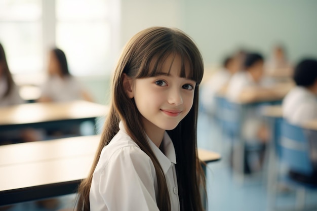 Une écolière heureuse et souriante assise dans la salle de classe