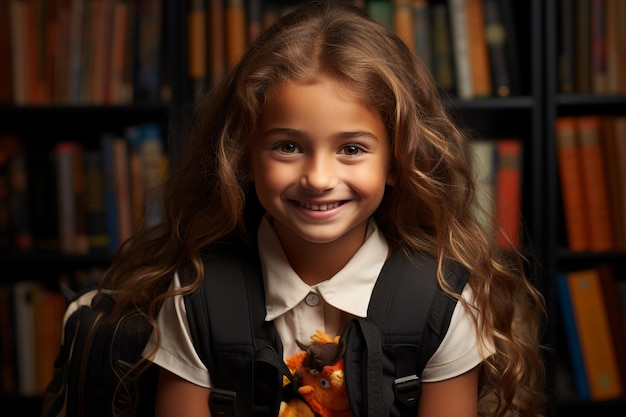 écolière heureuse en uniforme retour à l'école petite fille bouclée étudiant souriant