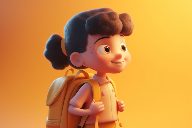 Une écolière intelligente souriante portant un sac à dos avec une expression mignonne sur fond jaune concept de retour à l'école illustration générative d'IA