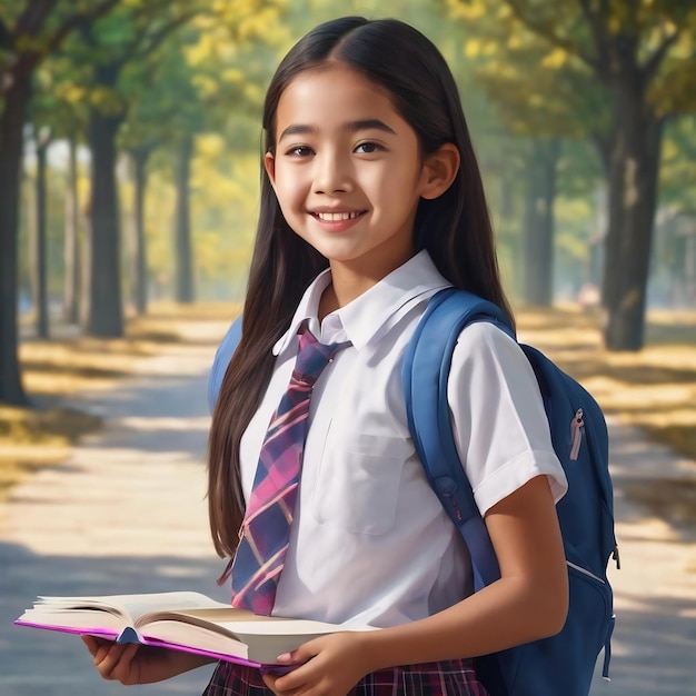Une écolière joyeuse avec des cahiers lumineux.