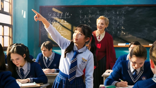 Une écolière montrant du doigt en classe.