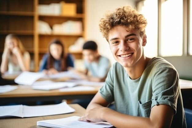 Une écolière qui écrit et vérifie des papiers en classe.