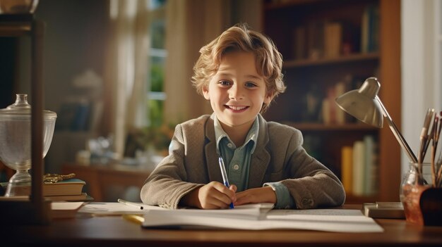 Un écolière souriant fait ses devoirs alors qu'il est assis à son bureau à la maison.