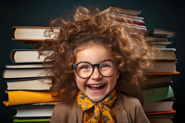 une écolière souriante et amusante avec des lunettes tient des livres