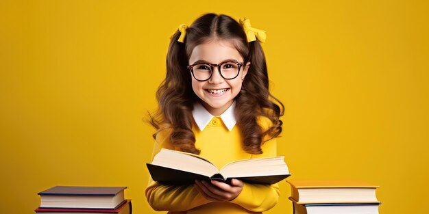 une écolière souriante et amusante avec des lunettes tient des livres