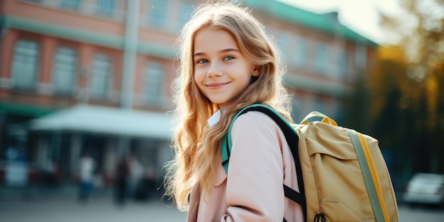 Une écolière souriante et élégante porte un sac à dos pour cartable, la vie quotidienne d'une écolière