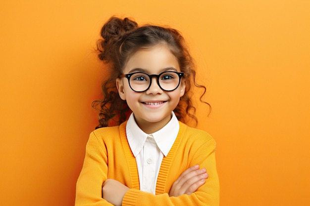 Une écolière souriante sur un fond jaune vif