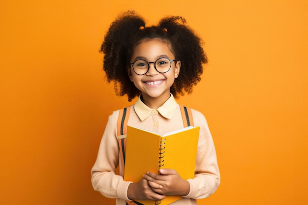 Une écolière souriante sur un fond jaune vif