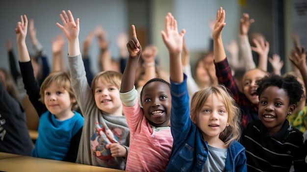 Des écoliers en classe pendant un cours levant la mainCréé avec la technologie d'IA générative