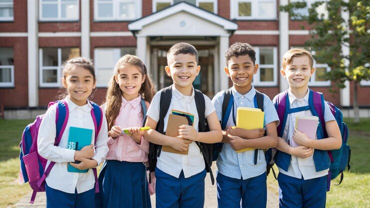 Des écoliers heureux tenant de la papeterie devant le bâtiment de l'école