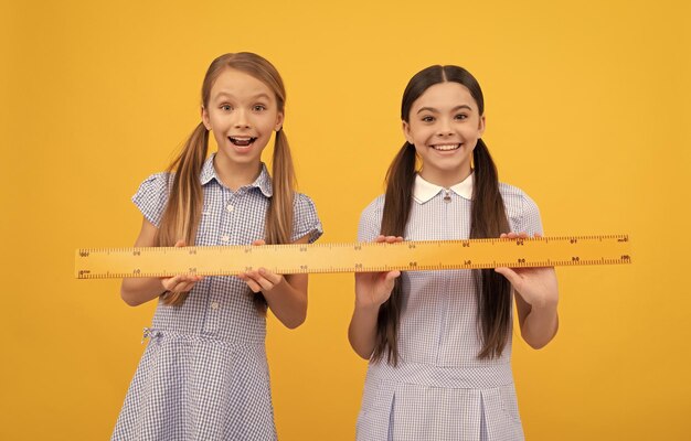 Des écoliers heureux tiennent une règle en bois Leçon de géométrie Éducation scolaire Retour à l'école