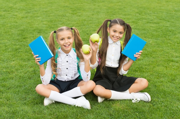 Des écoliers parfaits s'assoient sur l'herbe avec des livres, concept de temps scolaire.