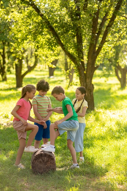 Les écoliers près de la souche dans le parc verdoyant