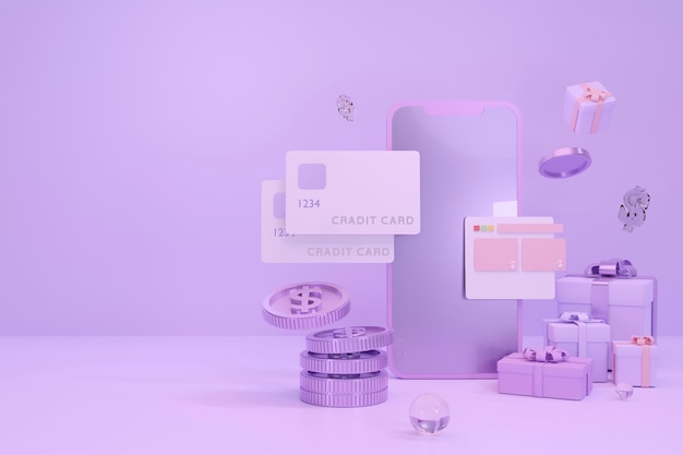 Ecommerce Online shopping fond de couleur violet avec cadeau