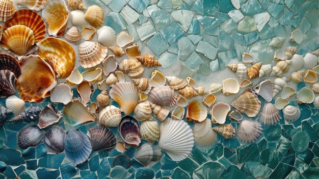 Une écomosaïque vibrante composée entièrement de coquillages célébrant la beauté de l'océan