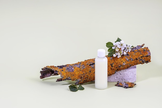 Photo Écorce d'arbre contenant des cosmétiques avec des lichens et des branches de fleurs de mûre