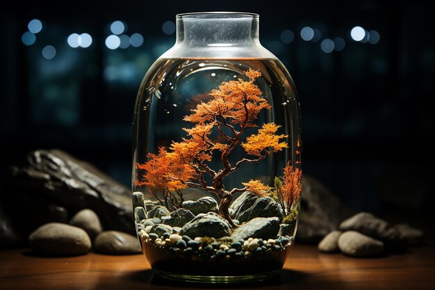 Photo ecosystème serein bouteille fermée avec des arbres, des rochers, des cailloux et des papillons