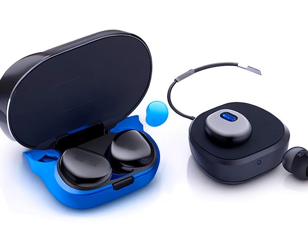 Des écouteurs Bluetooth sans fil noirs avec charge sans contact en gros plan sur un fond blanc
