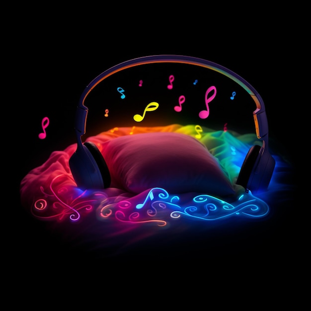 Photo des écouteurs de couleurs vives sont assis sur un lit avec des notes de musique générative ai