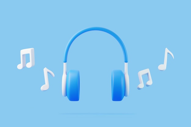 Des écouteurs de dessins animés et une note de mélodie volant sur un fond bleu Concept d'écoute de musique rendu 3D