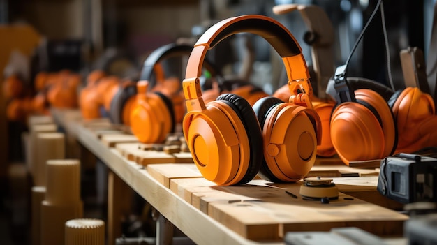 Photo des écouteurs orange sur une étagère en bois dans l'usine arrière-plan industriel