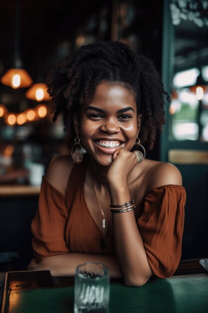 Des écouteurs téléphoniques pour femmes noires et un sourire pour la musique dans un restaurant créé avec l'IA générative