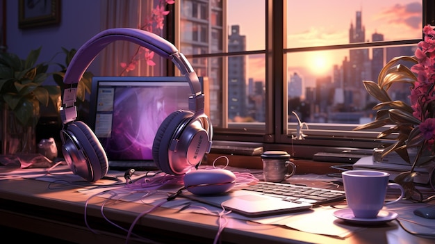 écouteurs violets et un ordinateur portable sur un bureau avec une fenêtre générative ai