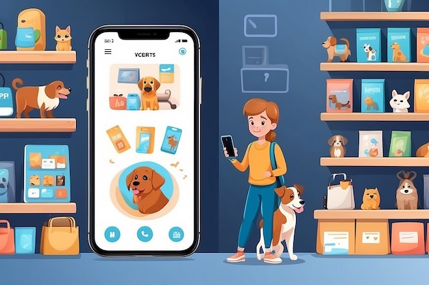 Photo l'écran de l'application vectorielle du smartphone du magasin de dessins animés pour chiens le propriétaire du chiot choisit le produit pour l'animal domestique