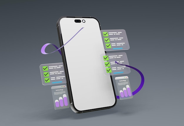 Écran blanc mobile avec tableau de bord de site Web 3D analyse des données SEO ai robot téléchargement de vidéo graphiques
