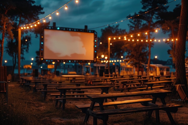 écran blanc vide à l'extérieur dans l'herbe verte parc cinéma en plein air grand écran spectacle ai généré