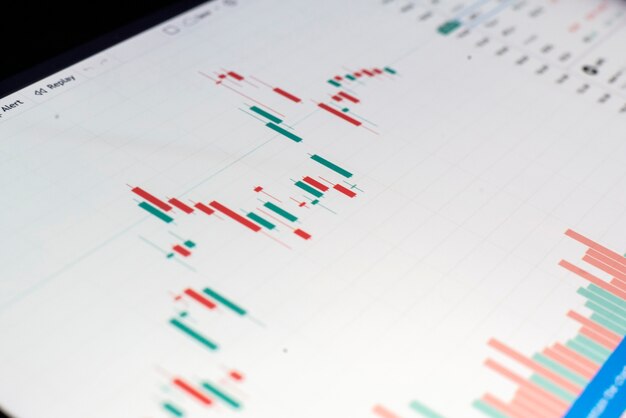 Un écran de contrôle rapproché avec un graphique du graphique boursier, un diagramme de croissance des finances