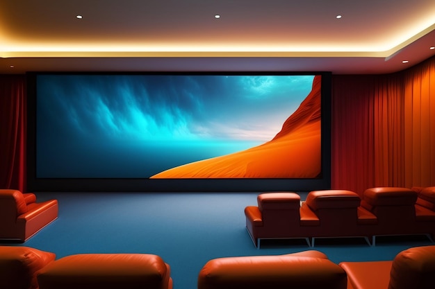 Un écran dans un home cinéma avec un ciel bleu et des nuages sur le mur.