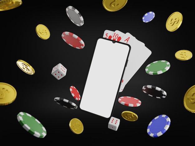 L'écran du téléphone dispose d'un espace pour jouer des pièces de jeu de casino en ligne, rendu 3d.