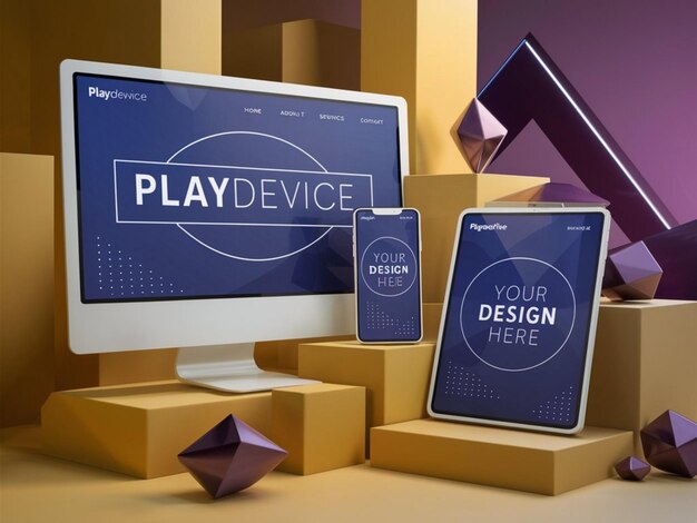 un écran avec un fond bleu avec une image d'un écran qui dit "Play Design"