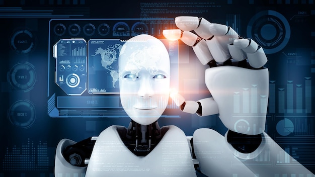 L'écran hologramme de l'hominoïde robot MLP dans le concept d'un cerveau pensant