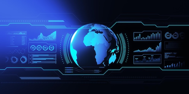 Écran holographique abstrait avec interface de globe numérique et graphique d'affaires sur un fond bleu flou HUD concept international de stock et de moniteur futur Rendering 3D