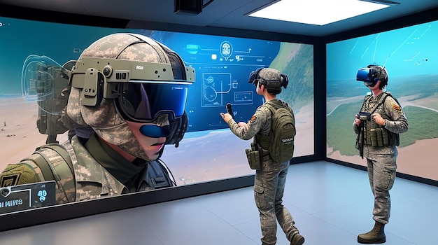 Photo un écran holographique futuriste d'une salle de classe de l'armée virtuellement intégré à l'expérience d'apprentissage