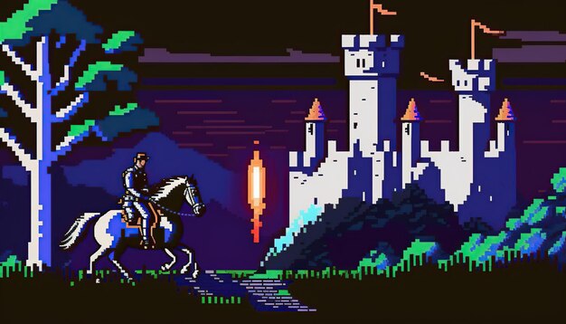 Écran de jeu d'aventure Niveau de jeux informatiques rétro Pixel art scène de jeu vidéo 8 bits