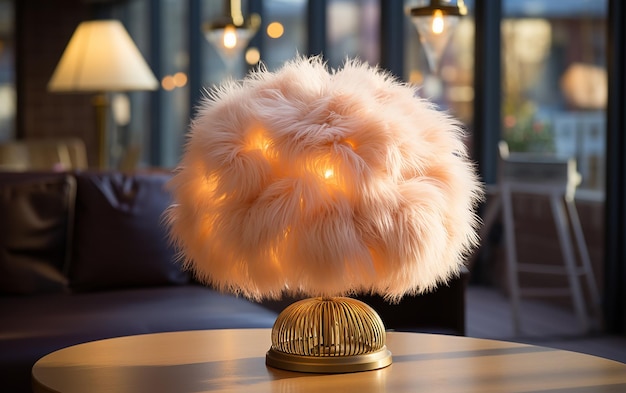 Un écran de lampe en fourrure de fourrure moelleuse d'élégance en peluche exposé dans un magasin est un ajout confortable