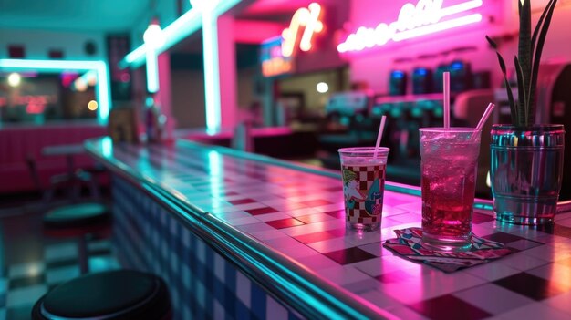 Photo un écran lumineux au néon d'une nappe à carreaux avec une fontaine de soda gl délimitée en néon représentant