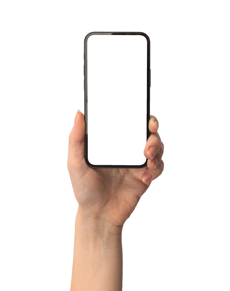 Photo écran de maquette de téléphone portable dans une main féminine isolée sur une photo de fond blanc