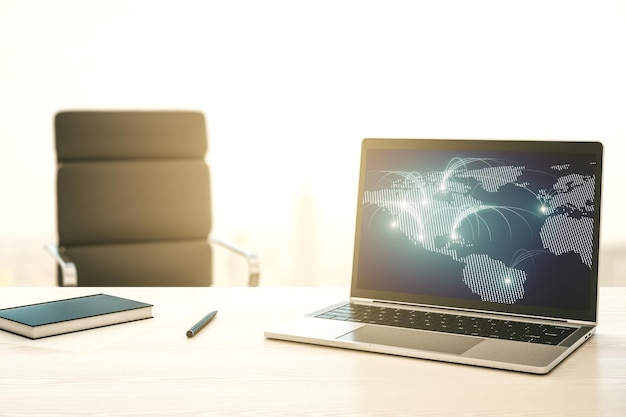 Écran d'ordinateur moderne avec carte du monde numérique abstraite avec recherche de connexions et concept de stratégie Rendu 3D
