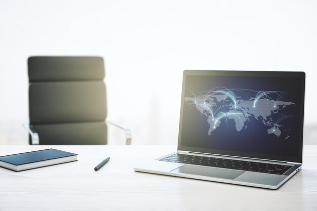Écran d'ordinateur moderne avec carte du monde numérique abstraite avec recherche de connexions et concept de stratégie Rendu 3D