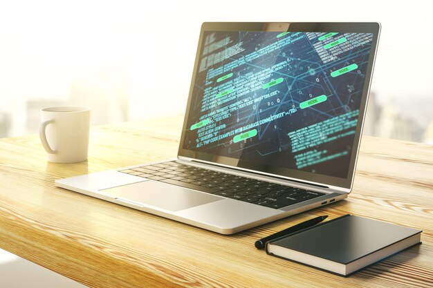 Écran d'ordinateur moderne avec croquis de codage graphique abstrait Big Data et concept de mise en réseau Rendu 3D